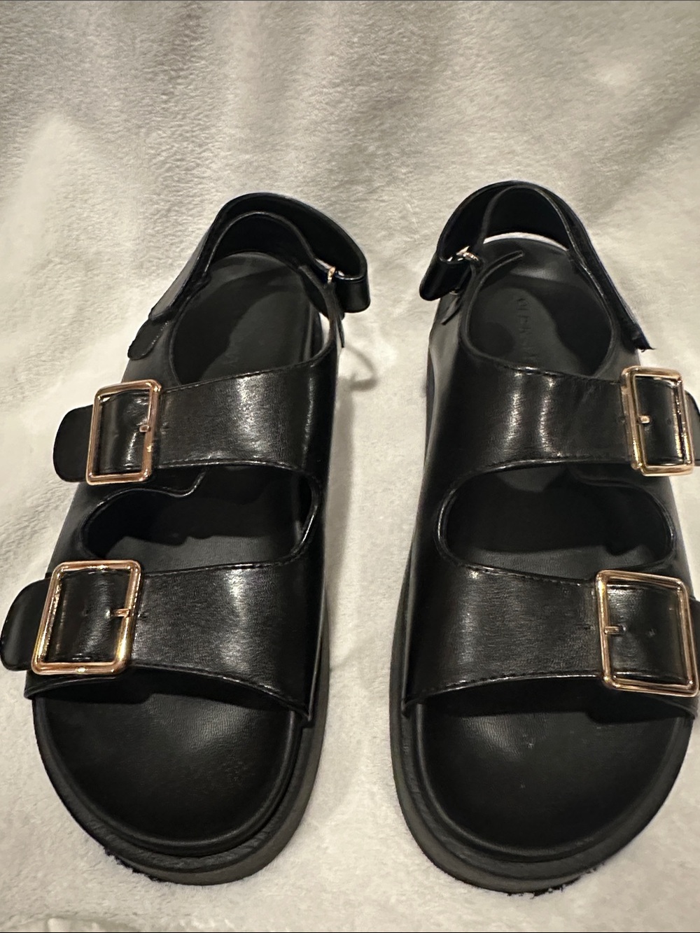 Old Navy Black Platform Sandals with Gold Buckles